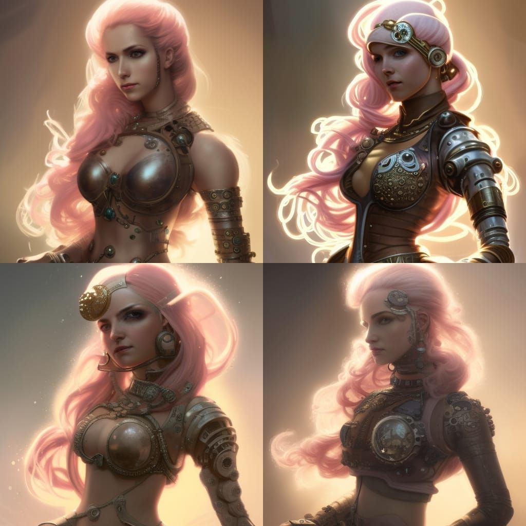 portrait of a middle-eastern steampunk woman, pale-pink hair...