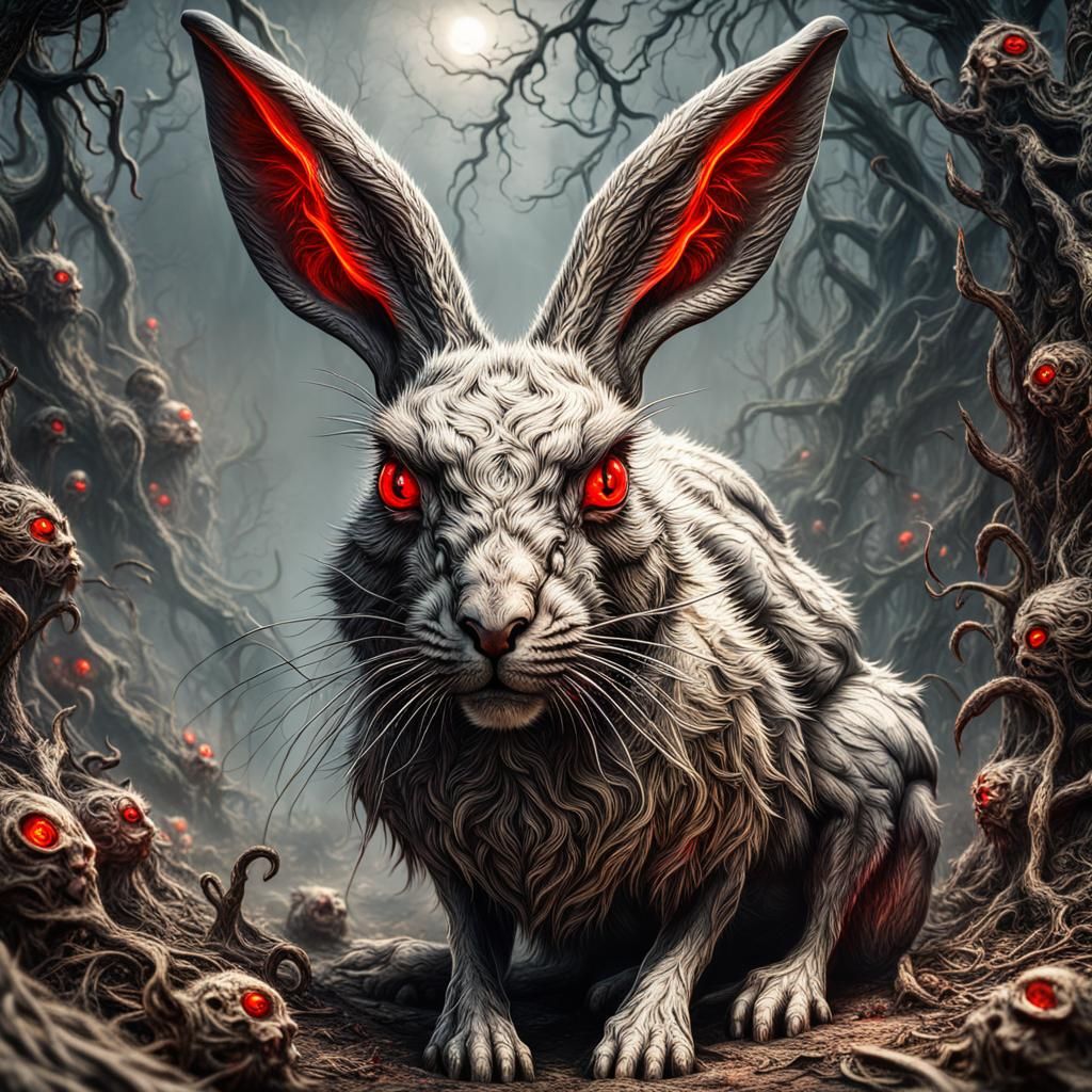 HORROR, mysterious sinister wild creepy jackrabbit staring red eyes ...