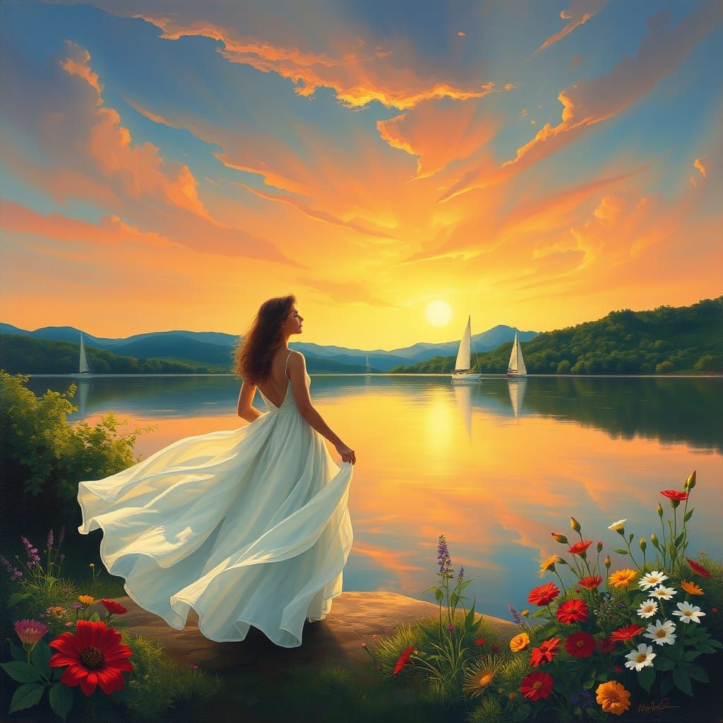 Woman in Ethereal Landscape with Soft Textures and Vibrant C...