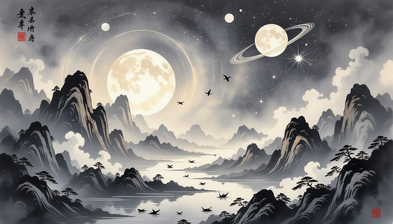 Cosmic Chinese Ink Wash Painting of Mythical Shanhaijing