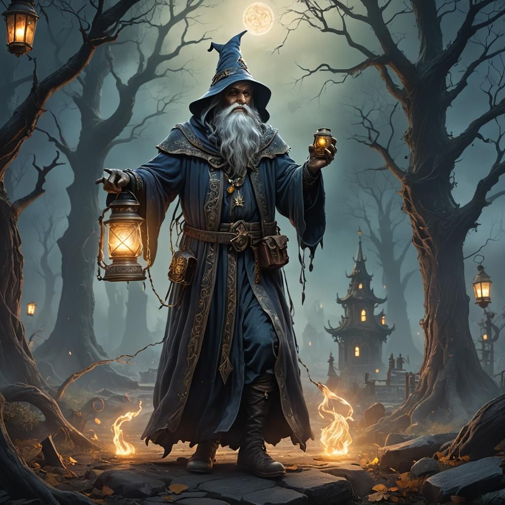The ghostly wizard holding a lantern