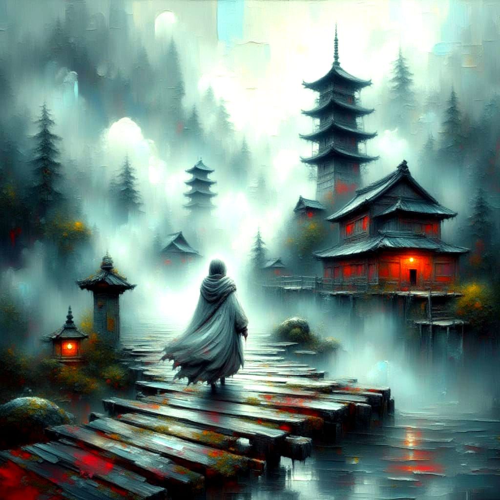 <lora:MistWalker:1.0> Enveloped in swirling fog, a cloaked wanderer crosses a weathered bridge, mist curling around their body like a living...