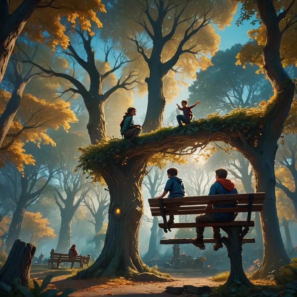 two people sitting on bench kid jumping AI Generated Artwork