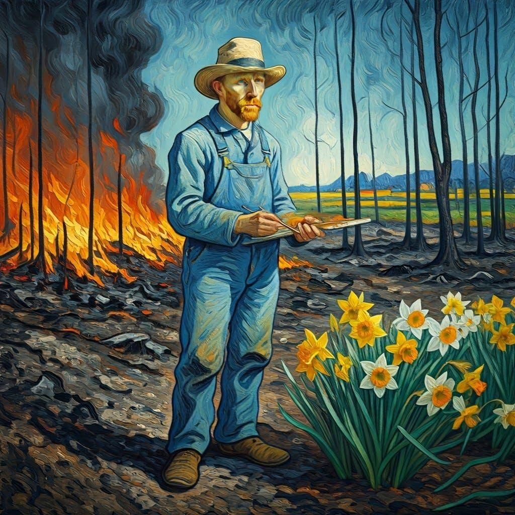 Van Gogh paints daffodils as he's burned all the sunflowers when he accidentally left his disposable barbecue burning in the field