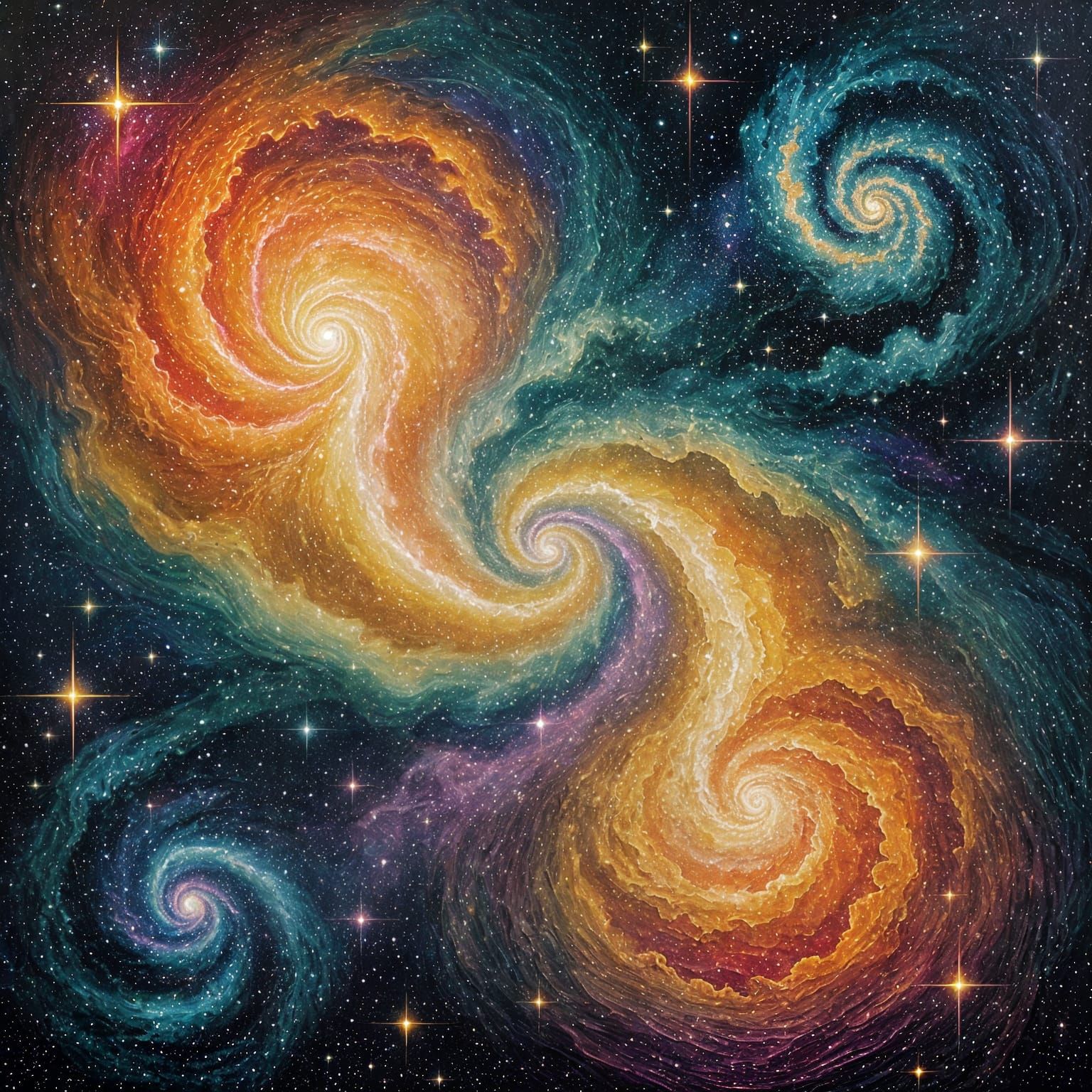 Kaleidoscope-style cosmic scene, galaxies and nebulae forming symmetrical patterns, shimmering stardust, ...  by @Likvi