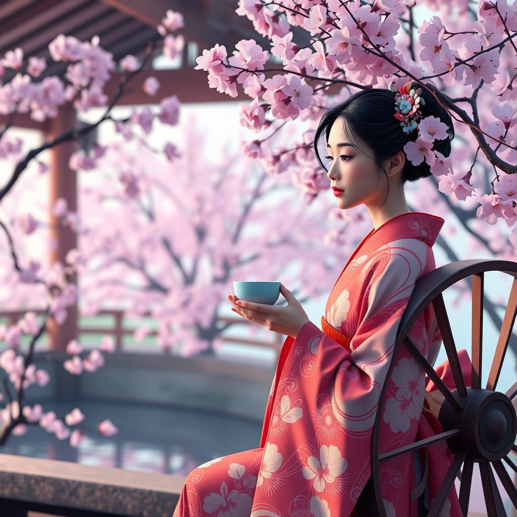 Vaporwave Kimono: Serene Teahouse in Geometric Style