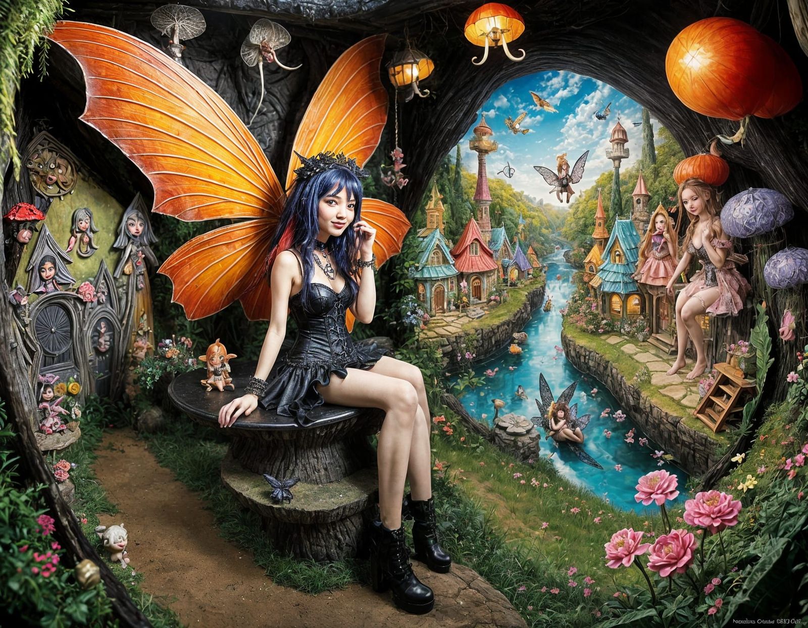 Captivating Fairy Goth Girl Mural in Impasto Style
