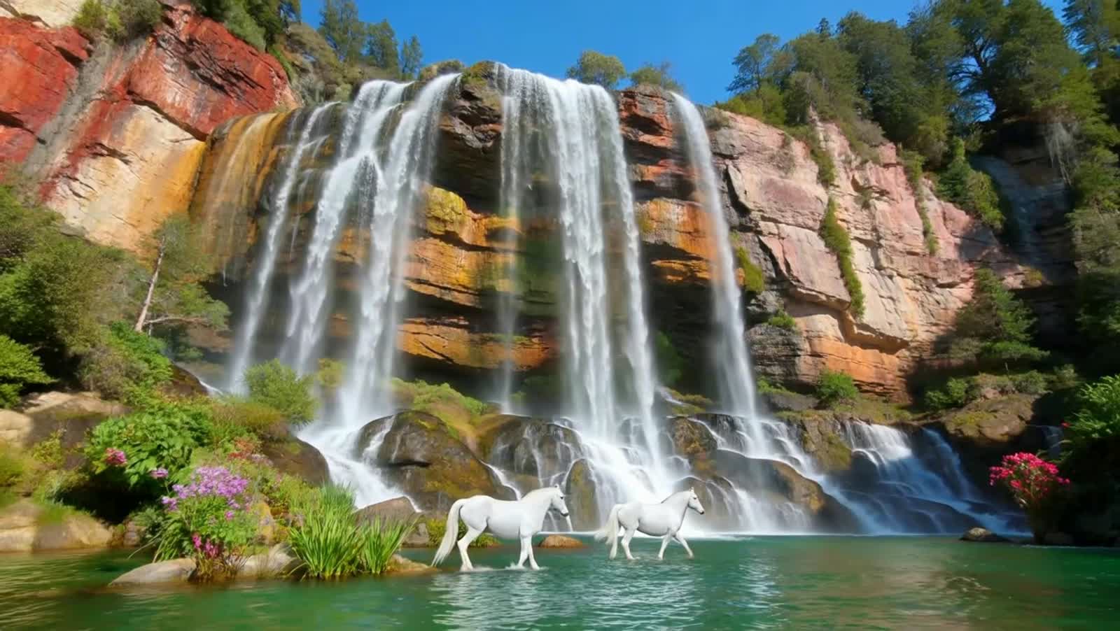 If viewed from the bottom up, the waterfall is very tall with lots of water. The sky should be completely blue and large...