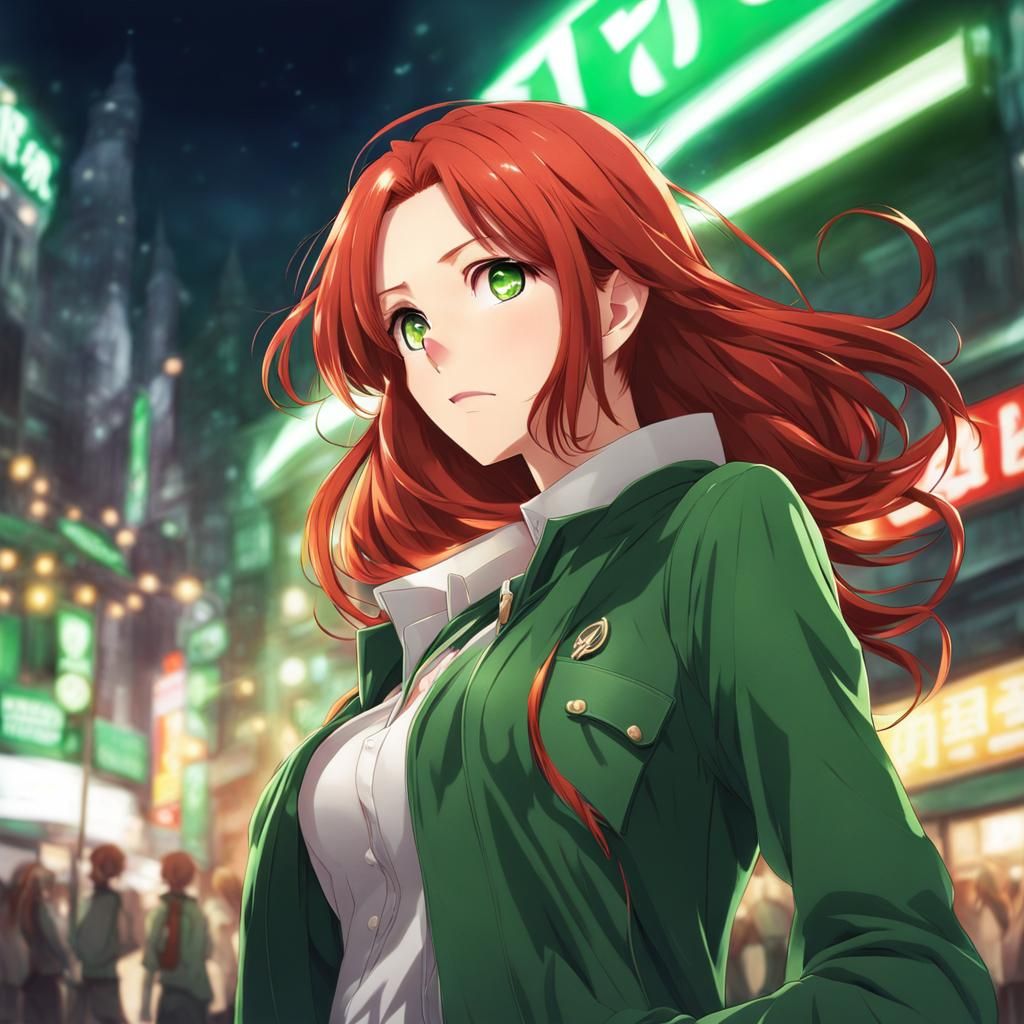 Anime Style Young Woman with Red Hair and Green Eyes