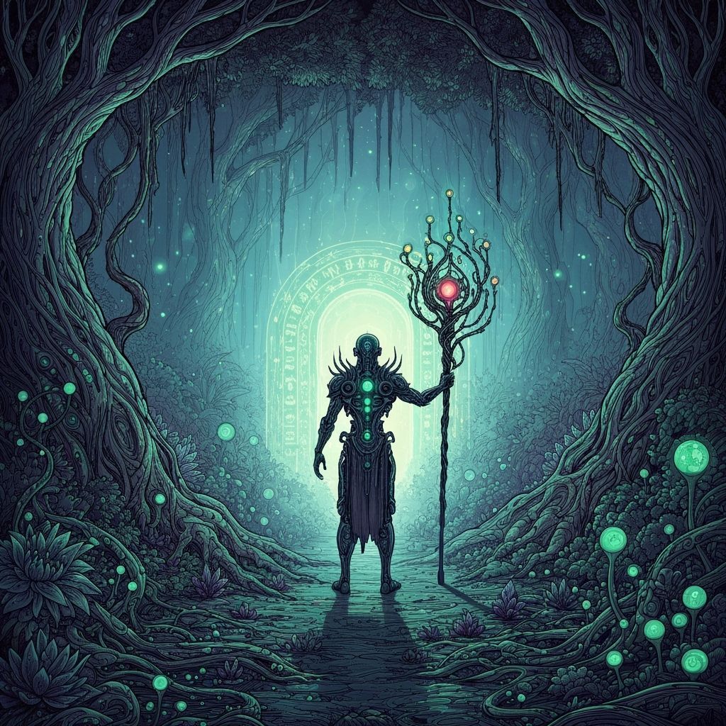 A lone, biomechanical shaman stands before a glowing portal in a hidden grove, his staff adorned with glowing runes and intricate, organic p...