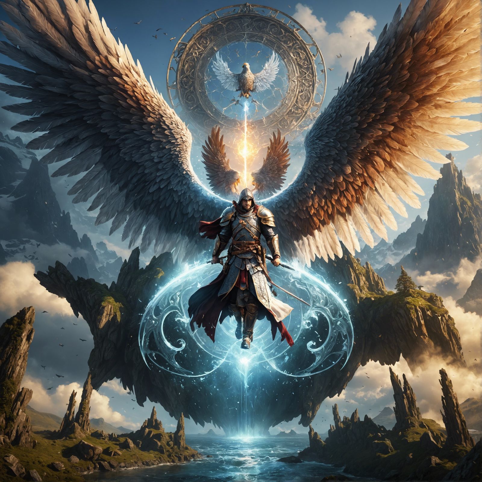 In his wings...