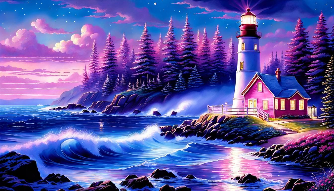 Build a Prompt Challenge - Kinkade: lighthouse: sparkling: pink: hyperrealism: hyperdetailed: night: ...  by @LTSings