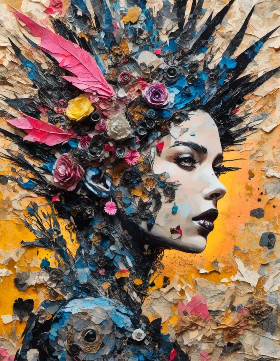 <lora:Supa Collage:1.0> Complex mixed media Collage close portrait   of a scary  flcon in the exploding  forest sunset lake Collage , mixed...