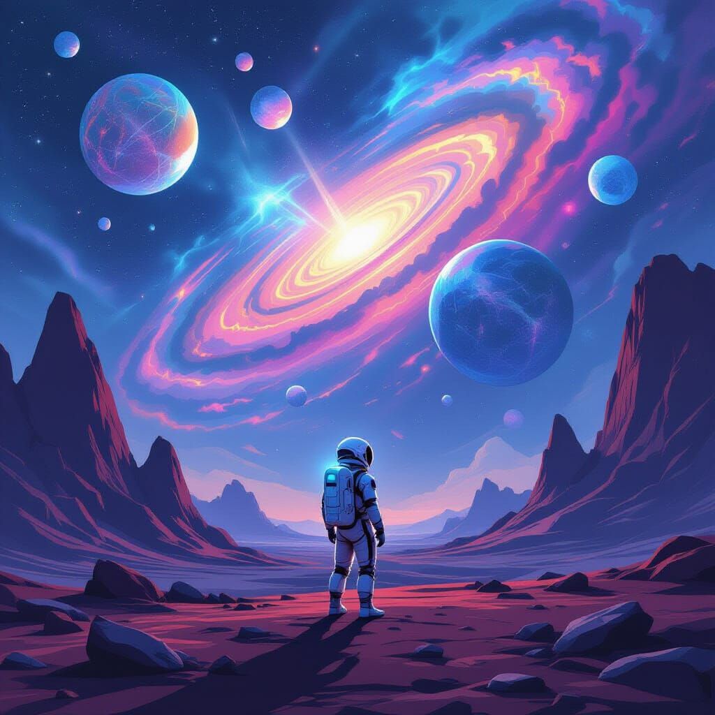 Astronaut Gazes at Nebula on Alien World