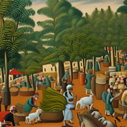 The Silk Road, 500 AD A bustling market scene along the Silk Road, with merchants and