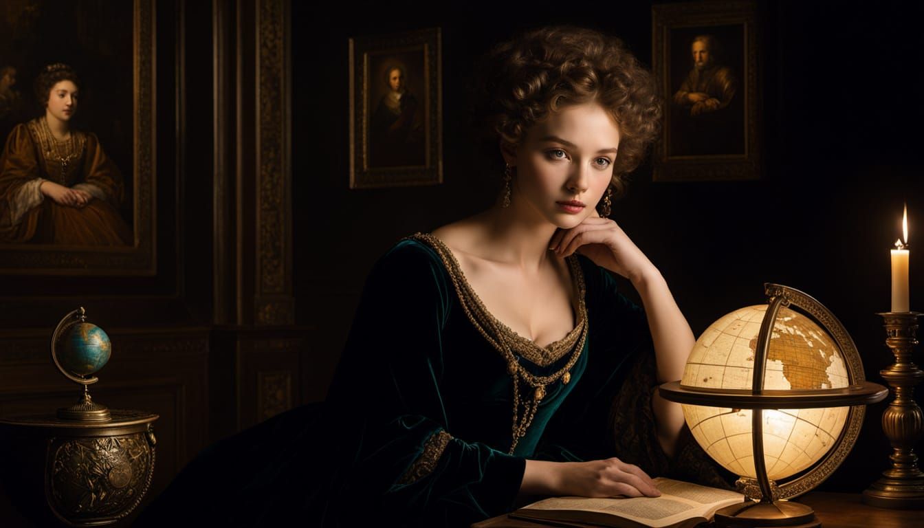 A serene lady studies geography with an antique lighted globe.