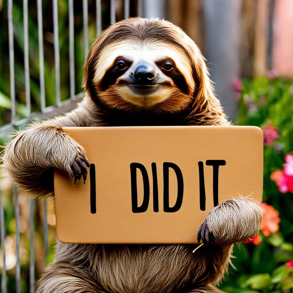 sleepy sloth, holding up sign, ("I did it" written on sign)  by @xtough 