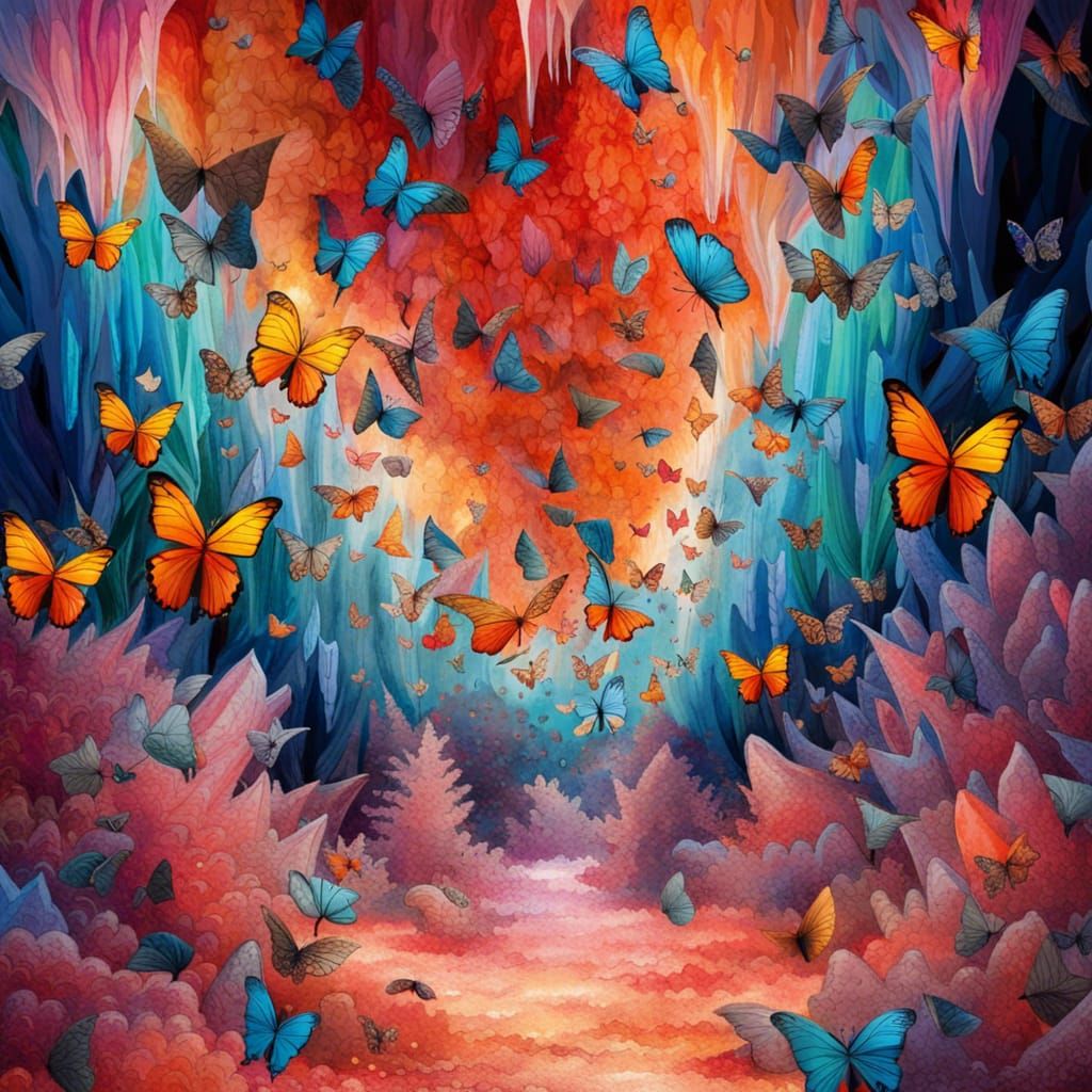 Colourful crystal cave filled with butterflies - AI Generated Artwork ...