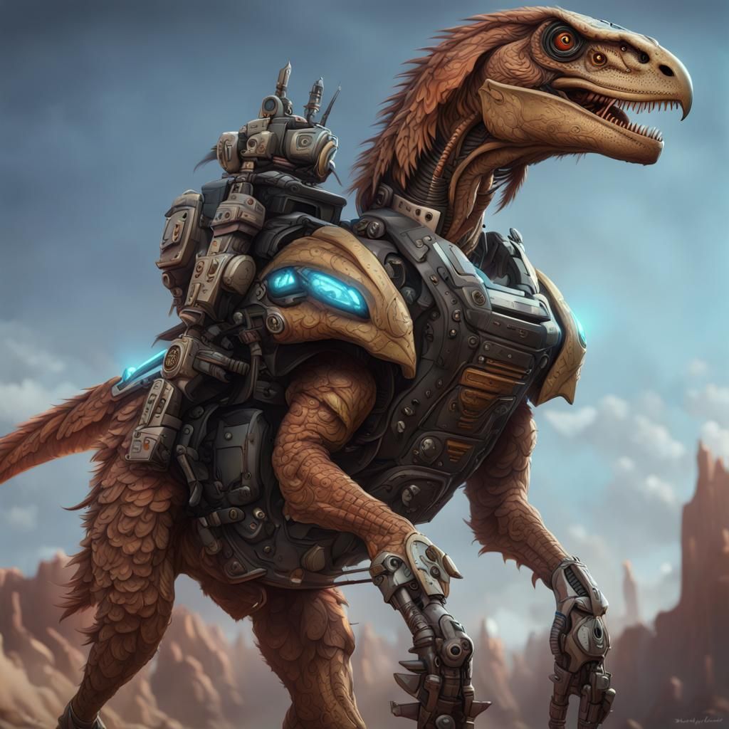 A cybernetic biopunk raptor mounted by a spearman in light a...