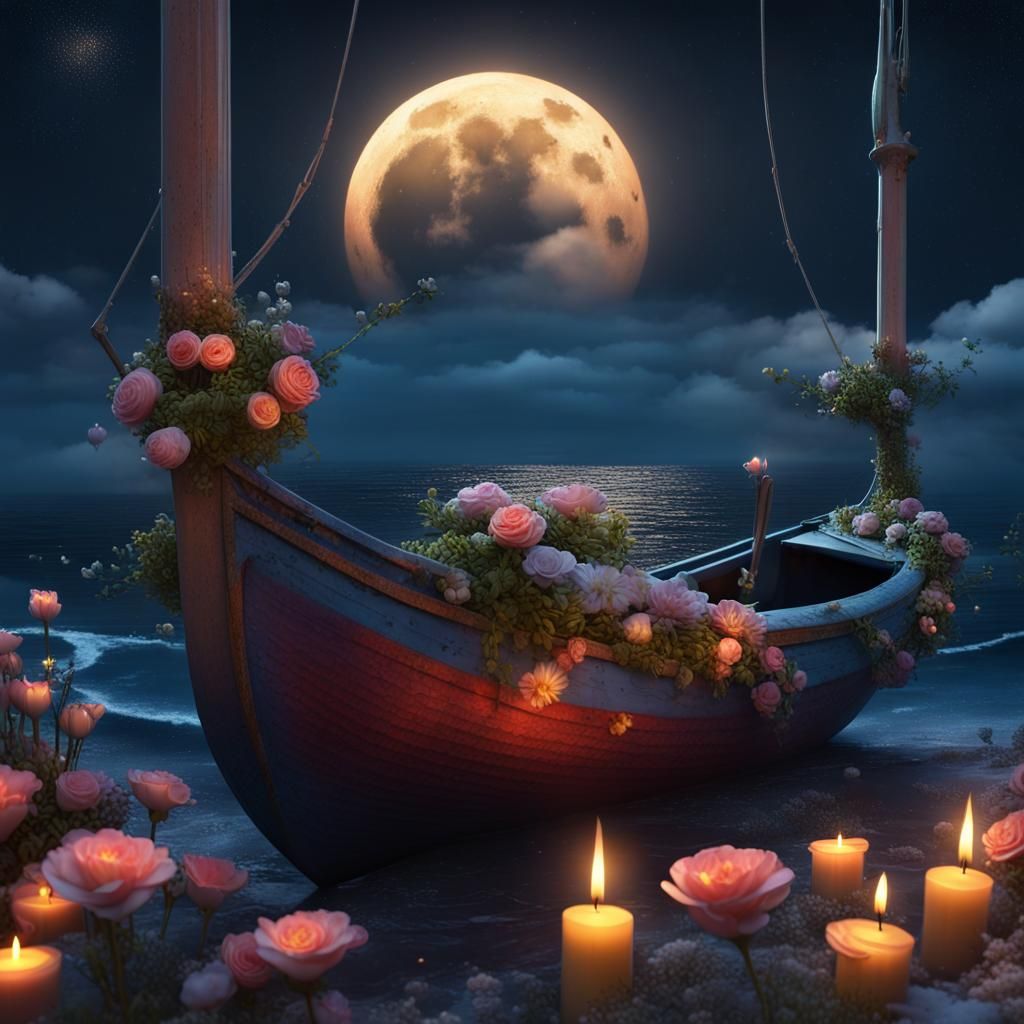 Colorful Boat on Starry Sea: Fantasy Concept Art