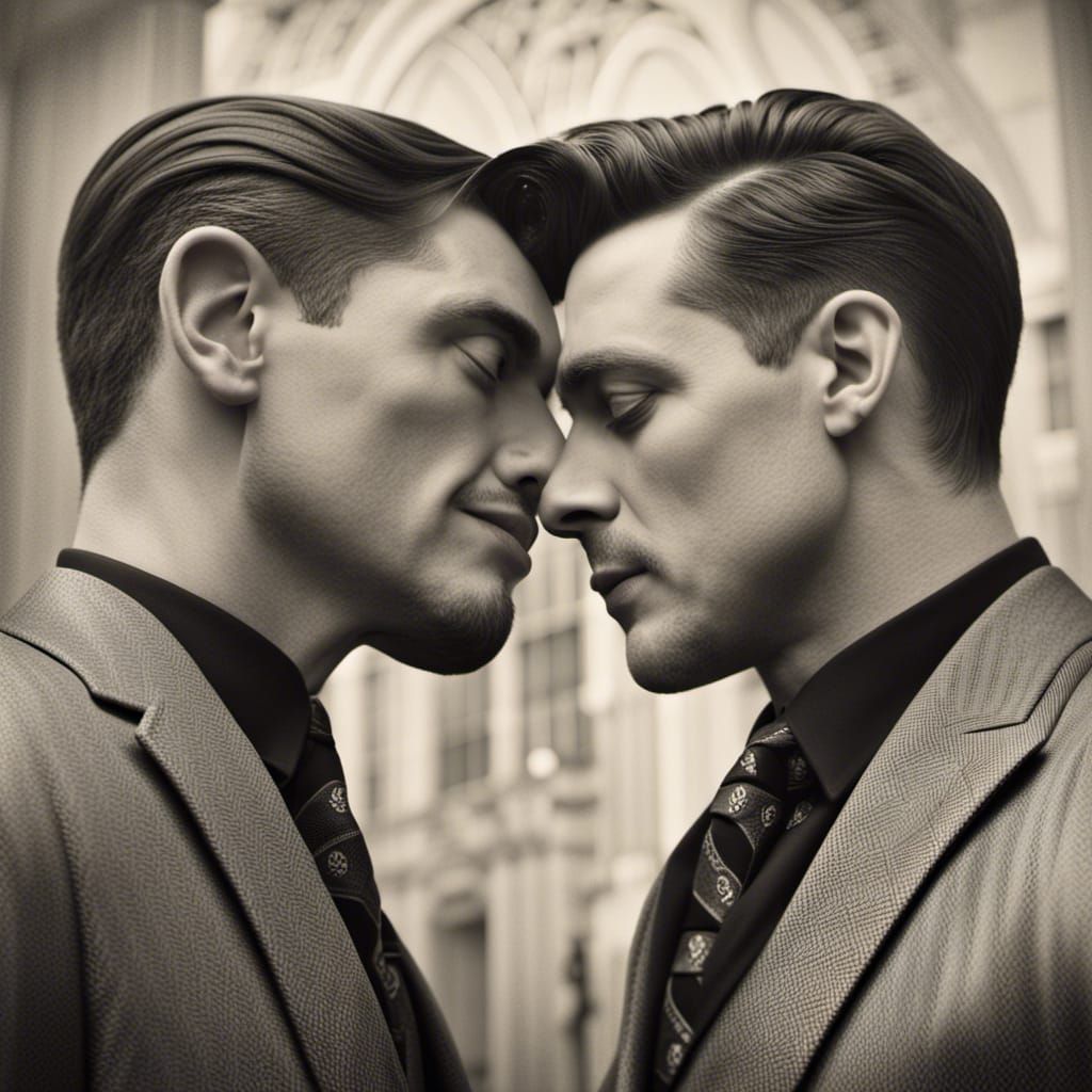 romantic vintage photography of two handsome homosexuals kissing in suits