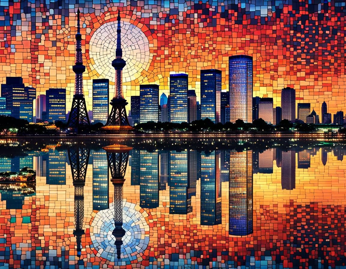 Skyline of Tokyo mosaic oriental art high detail stunning sunset 8k HD  by @0827214