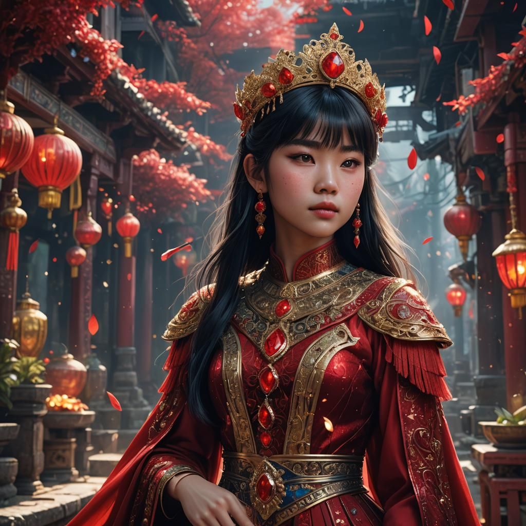 18 year old Vietnamese woman with fringe as the sparkling glittering in red raven jewel princess