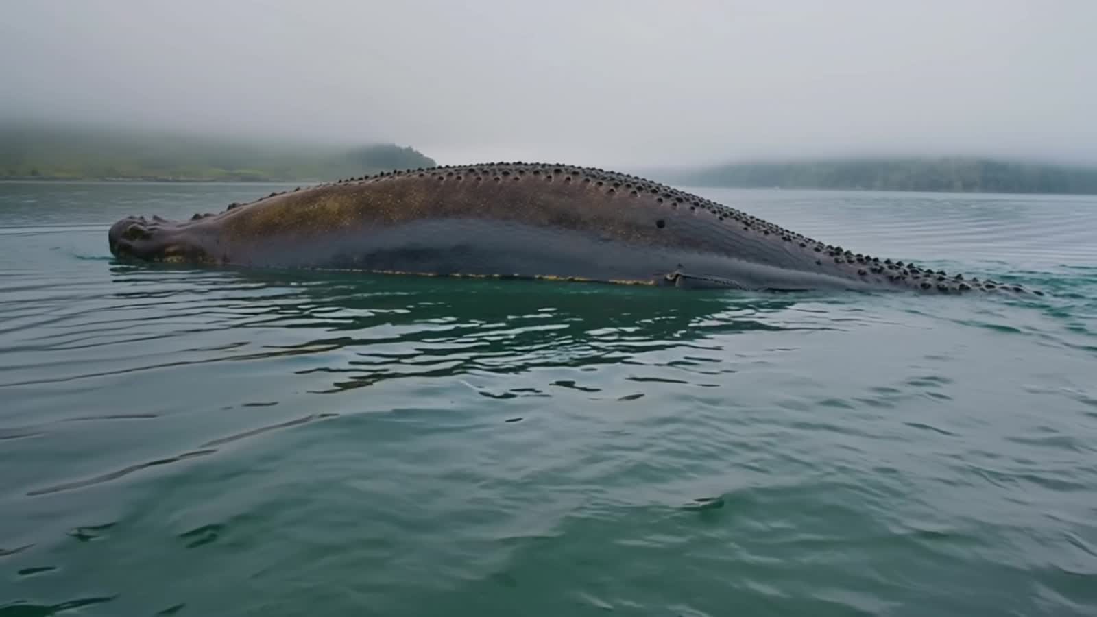 The Loch Ness Monster slowly swims in the foggy morning