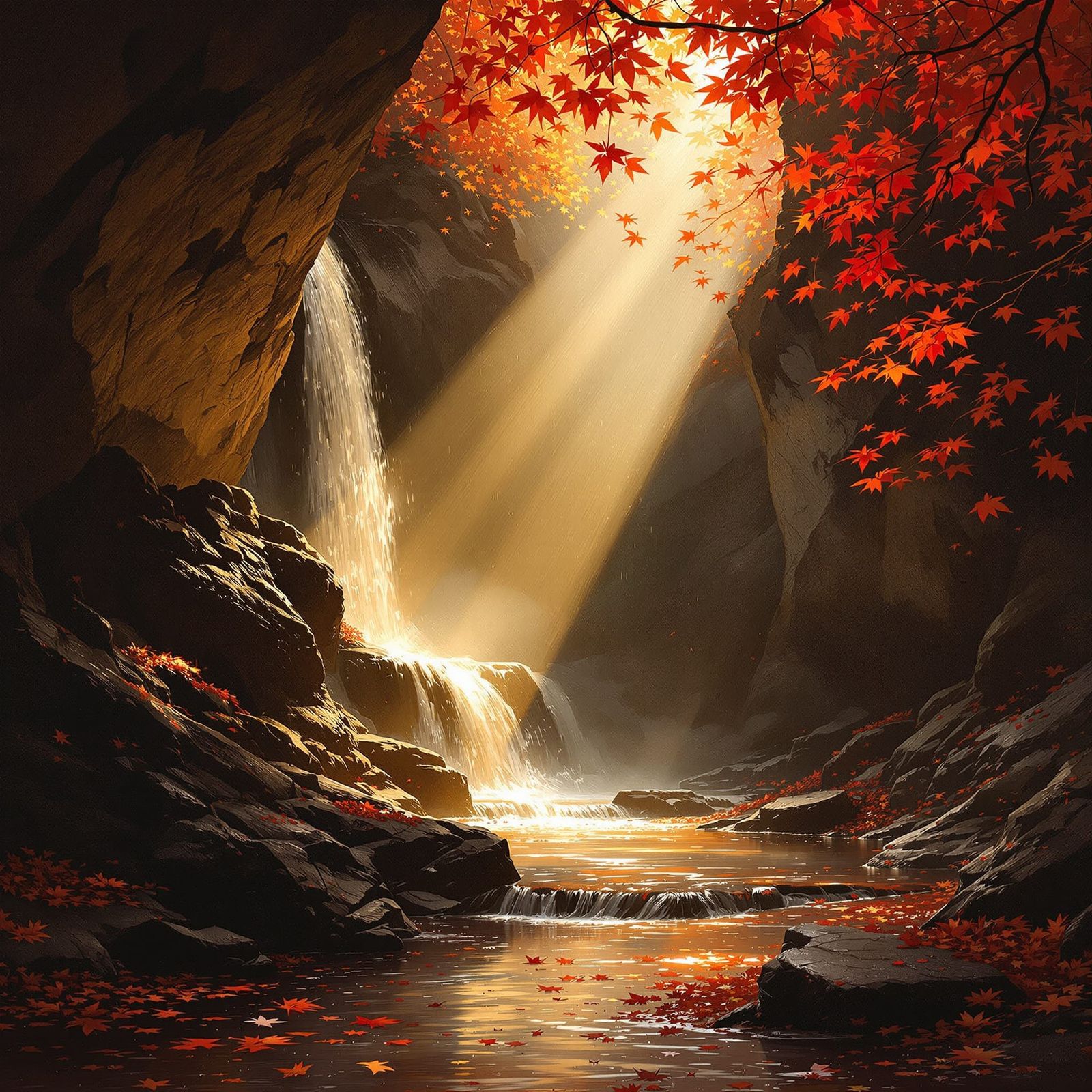 A hidden waterfall inside a rocky canyon, where slanted beams of golden light pierce the shadows. Scarlet ...  by @Pjrockey