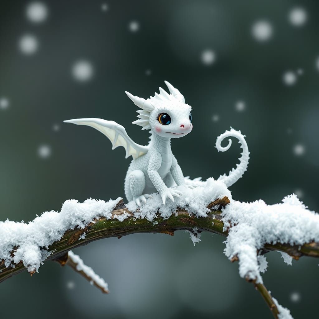 A little white dragon sitting on a branch covered in snow
