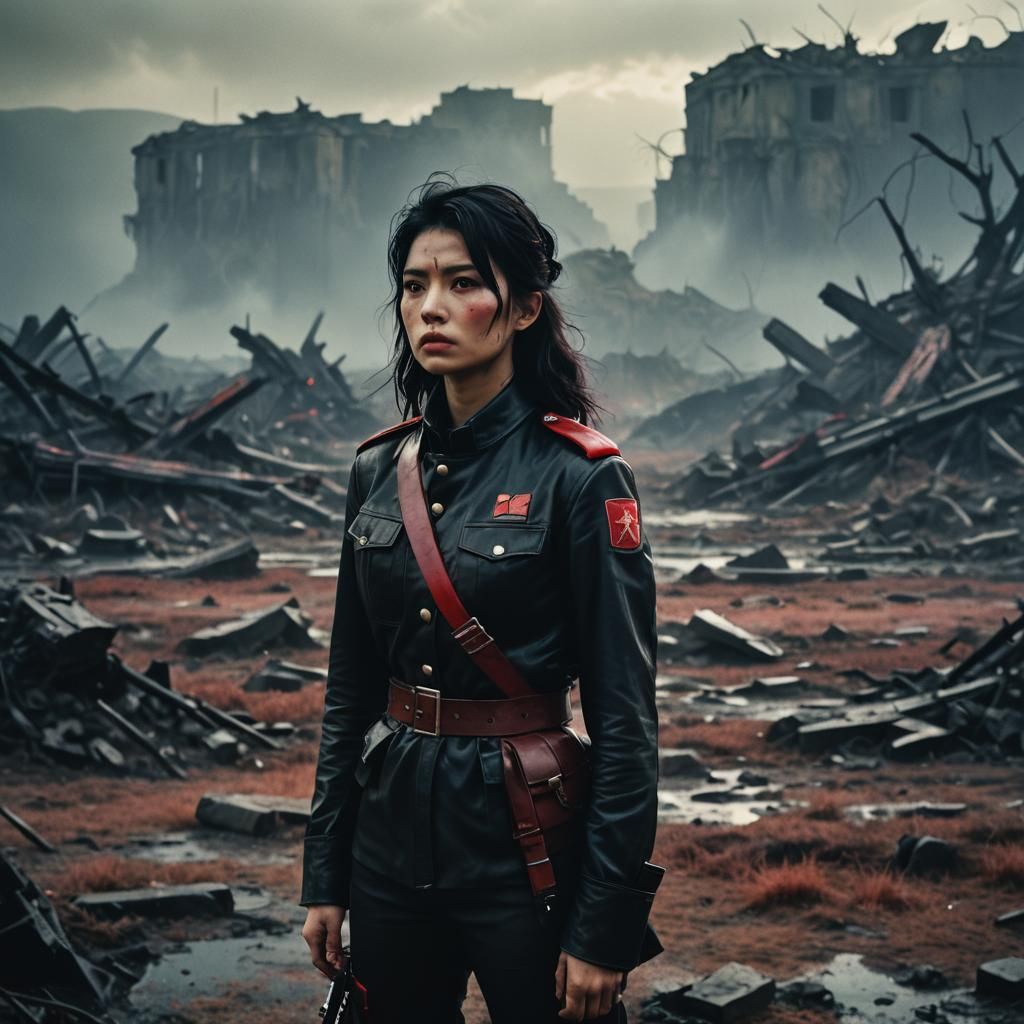 War-Torn Beauty: Cinematic Film Still