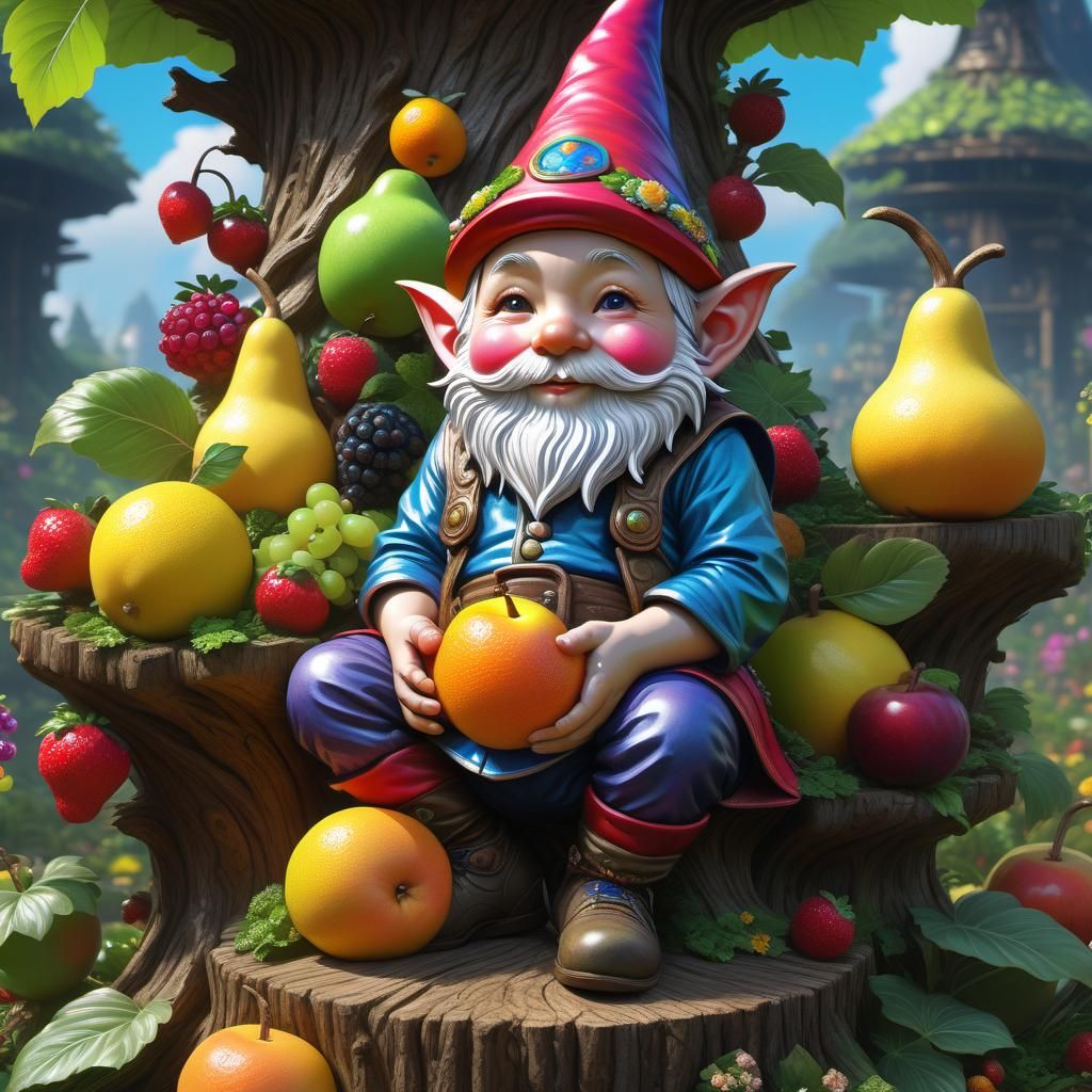 Maximaliist magical ornate outfit gnome farmer sitting on a stump with ...