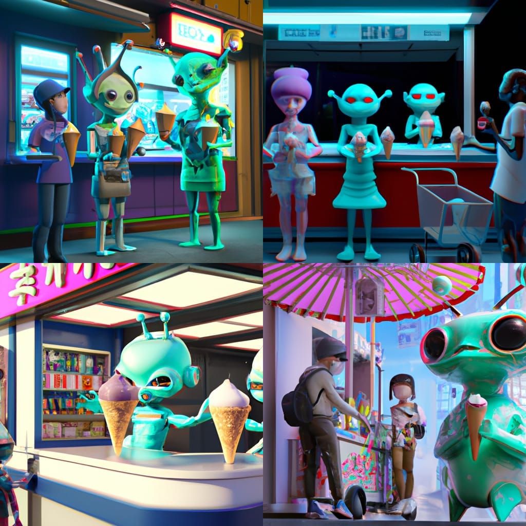 aliens selling ice cream in tokio, 3d, digital art