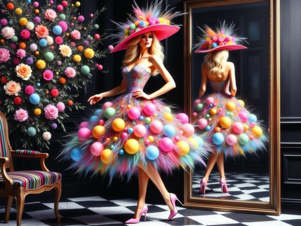 blacklit vibrant colors. gorgeous blonde victoria's secret fashion model female in colorful flamboyant easter bonnet and dress, high stilett...