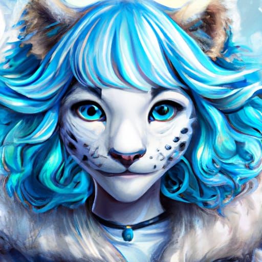 Cute snow leopard girl fursona blue hair - AI Generated Artwork ...