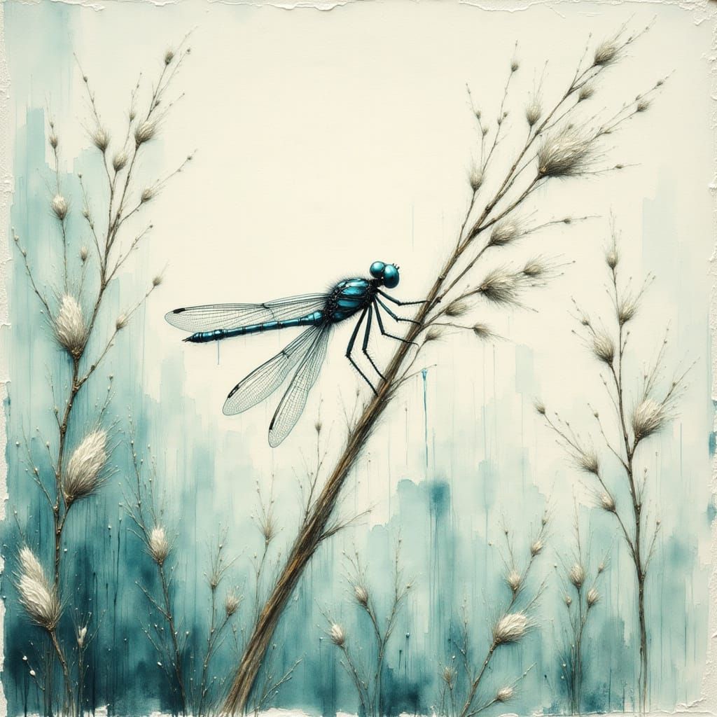 <lora:Ink Poet:1.0> <lora:Impax v2:1.0> <lora:Sumi-e Art Style:1.0> <lora:Empaste:1.0>  A dragonfly resting on a reed, impasto painting with...