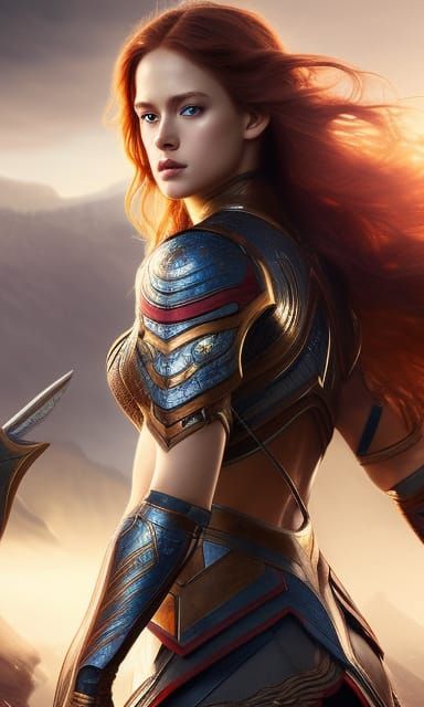 Warrior girl with wavy red hair 5