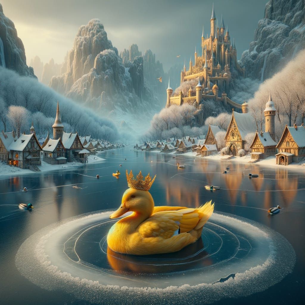 Regal Yellow Duck in Winter Wonderland Scene
