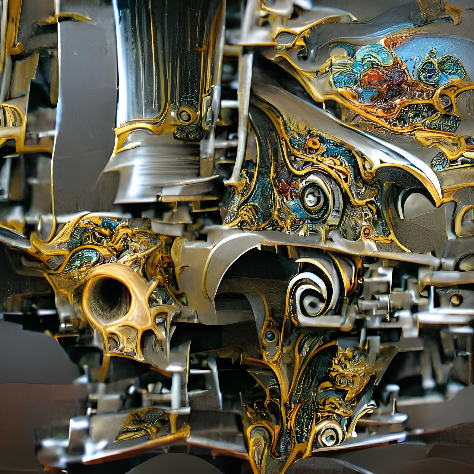 Baroque and kite-like volumes of metal are arranged on an ax...