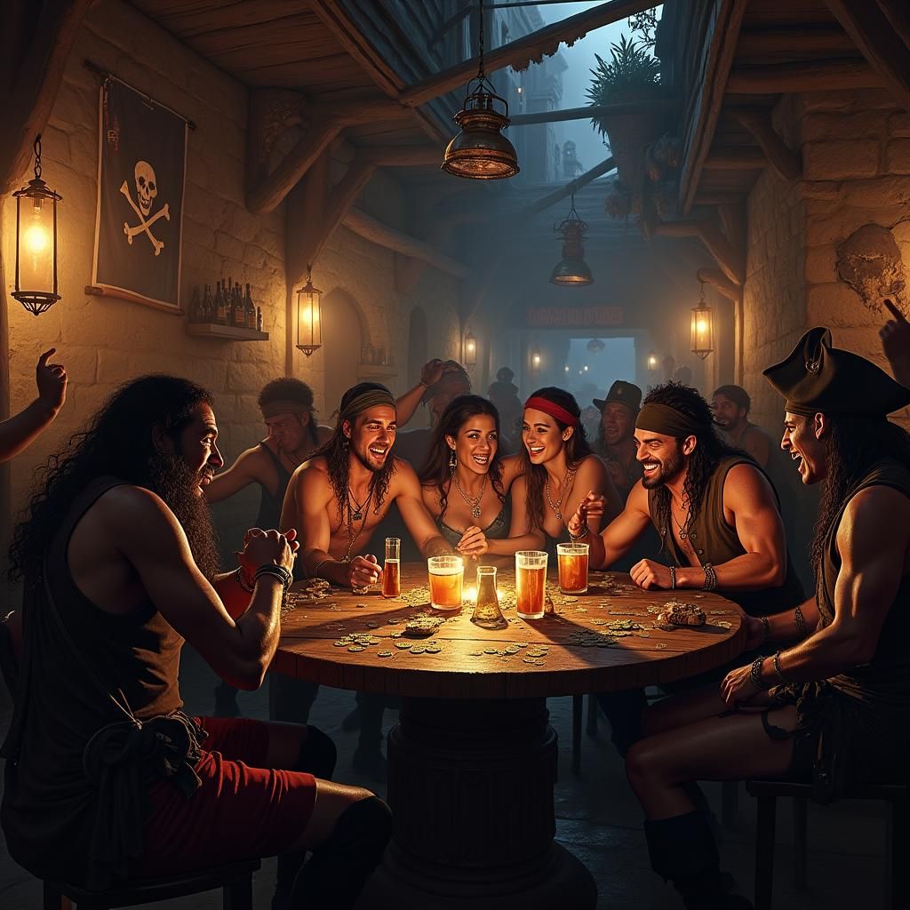 "Illustrate a raucous tavern scene deep within a coastal pirate town, where the Black Flag pirates are laughing and drinking in celebration....