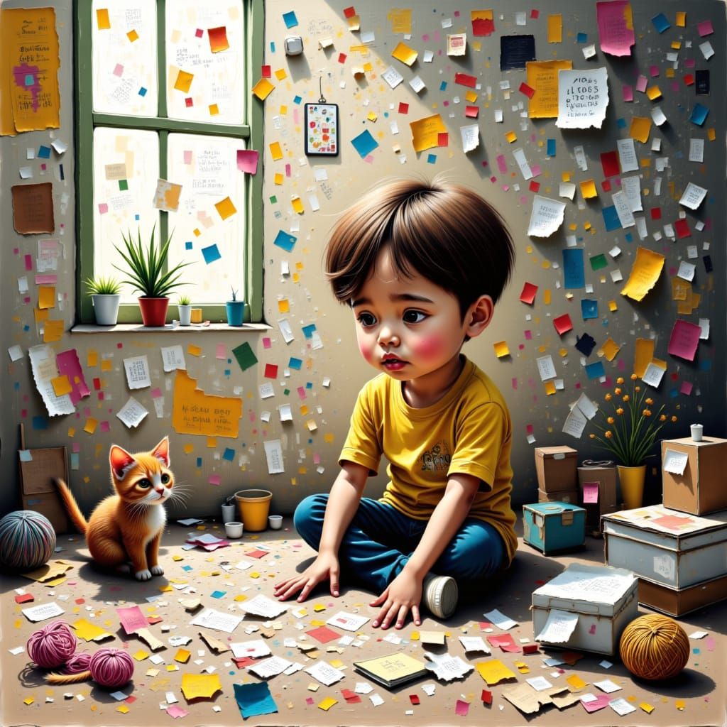 A boy trying to do scrapbook art but making a mess, and a kitten is attacking bits and pieces of stuff <lora:Memento Ephemera:1.0> 