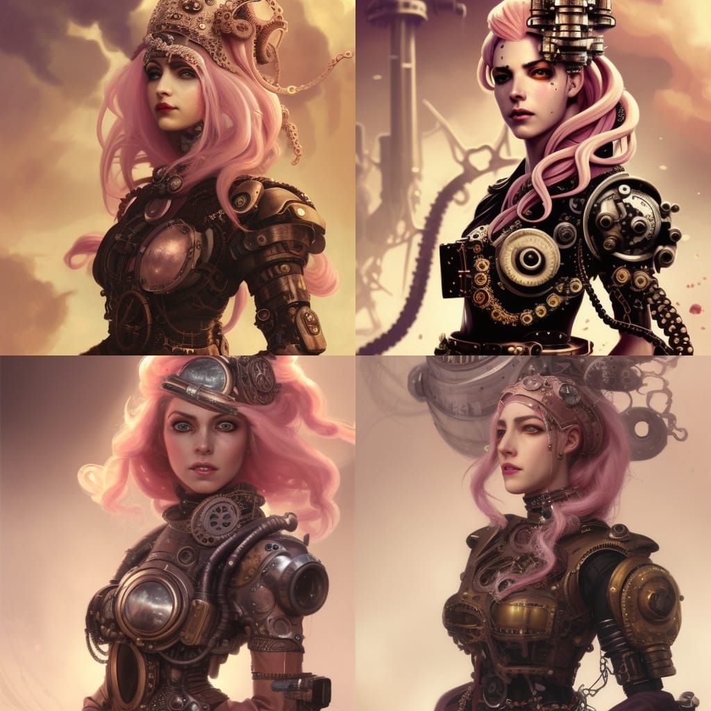 portrait of a middle-eastern steampunk woman, pale-pink hair...
