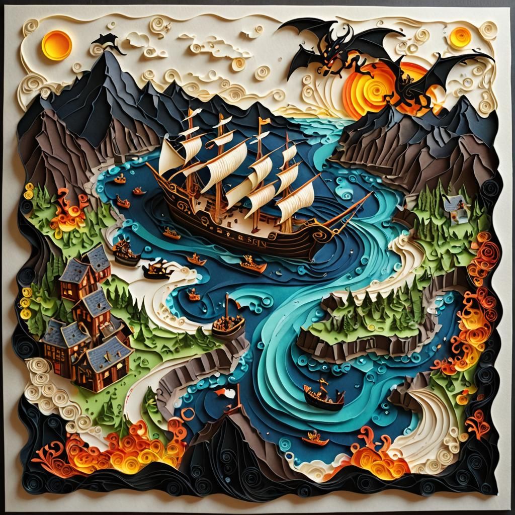 Pirates gather around a glowing map with a dragon’s emblem. The map flickers as if alive, showing paths through misty mountains. A distant r...