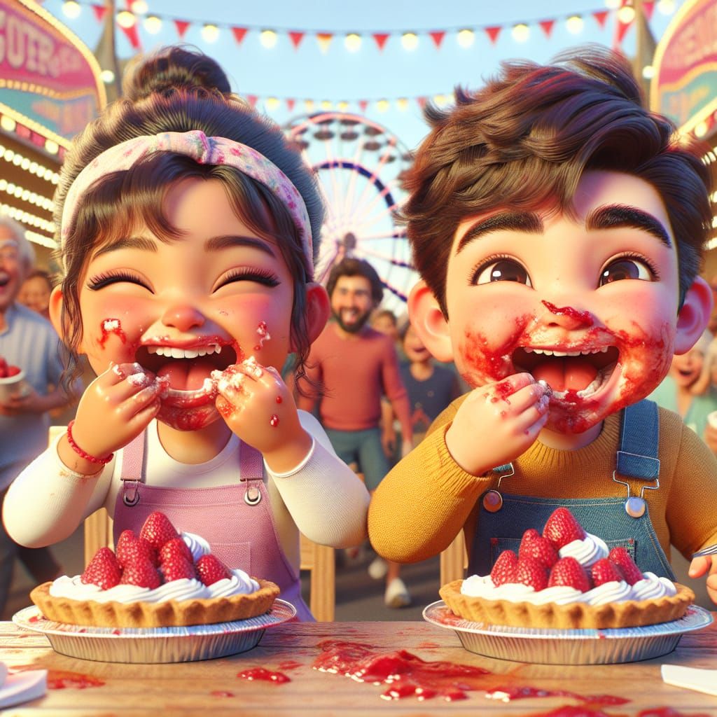 Disney Pixar style 3D adorable little girl and little boy, in a pie eating  contest, eating pie, face covered in red strawberry juice, at a p... - AI  Generated Artwork - NightCafe Creator