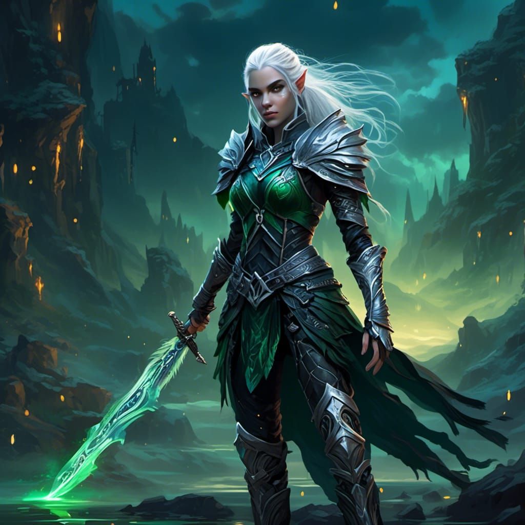 <lora:DnD:1.0> pale female elf, long white braids, clad in b...