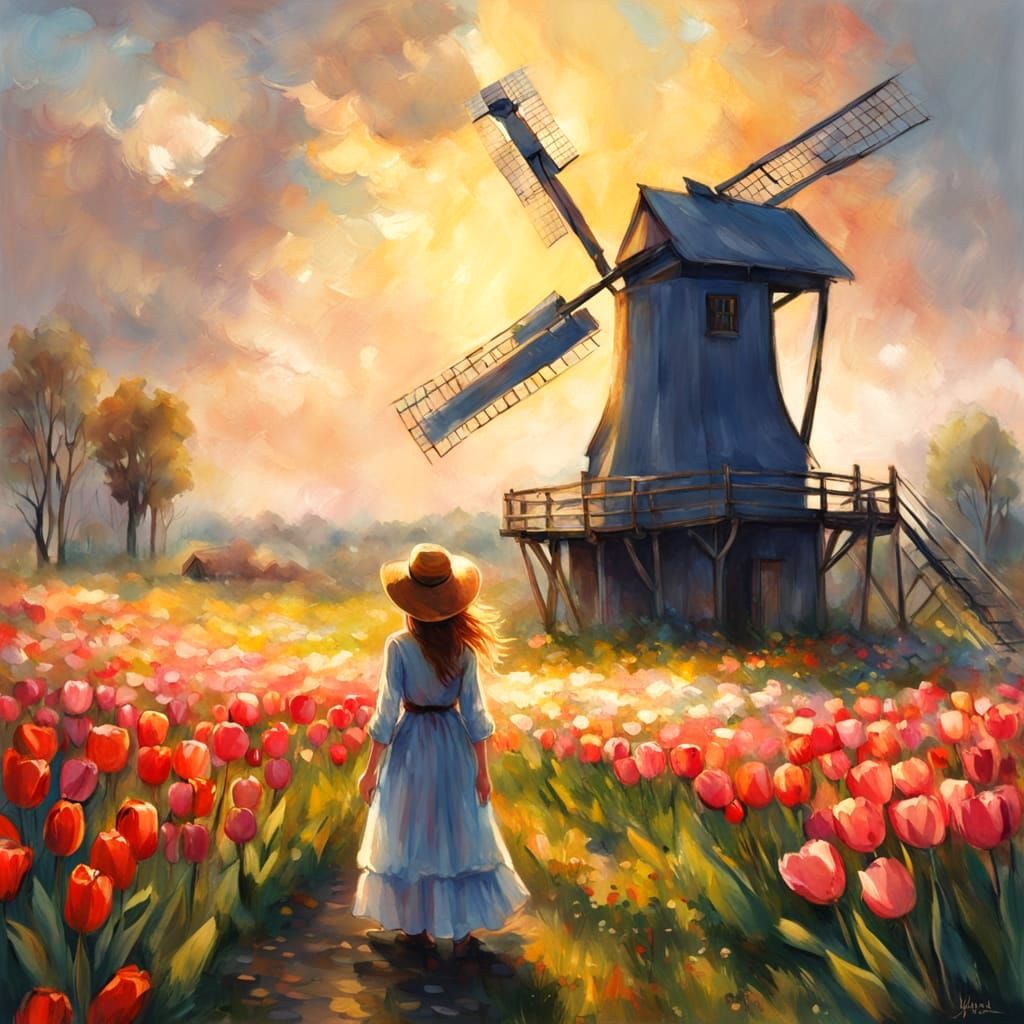 Holland Girl with Tulips by a Windmill in Divine Sunshine