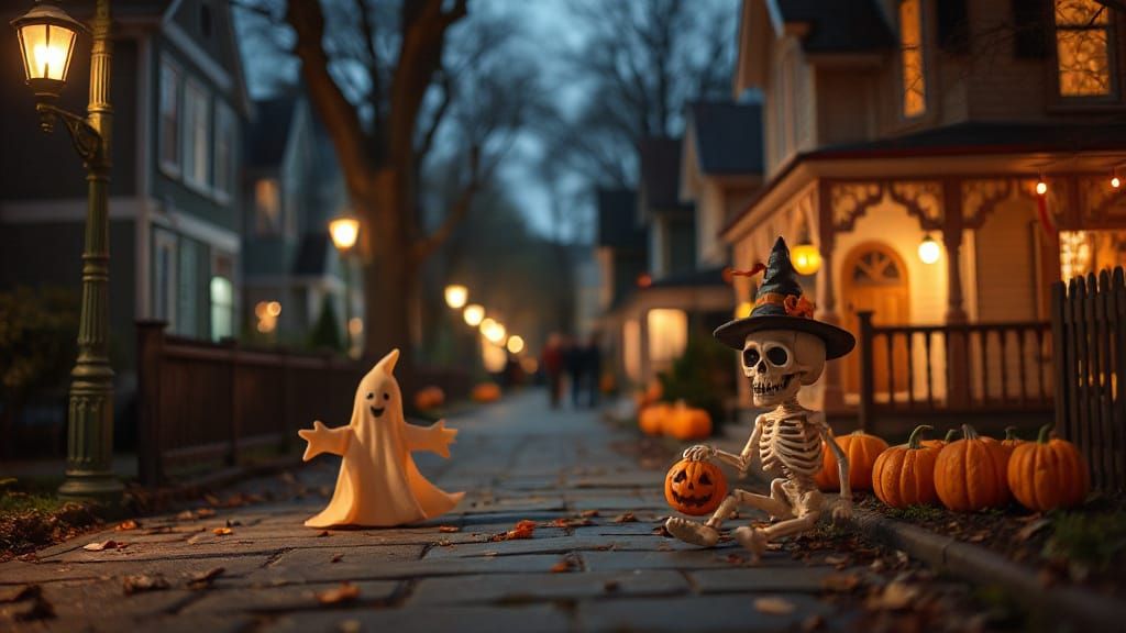 Cute Halloween Ghosts and Skeletons Trick-or-Treating