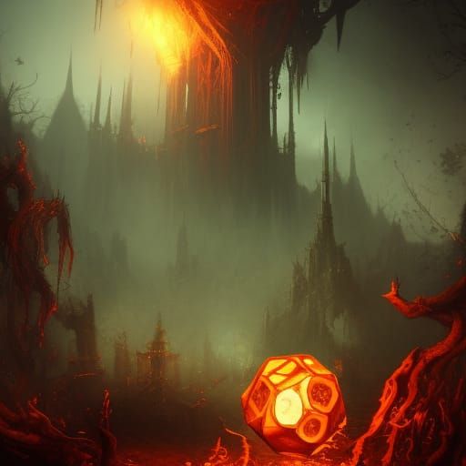 Wooden d20, cursed, evil, glowing, hyperdetailed, blood, 1