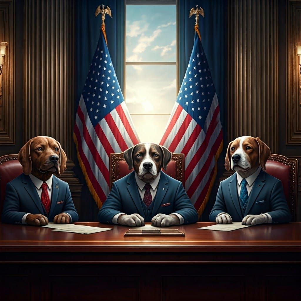 A government meeting with many MKs sitting around a long table, all the MKs are dogs dressed in respectable ...  by @EANSHN