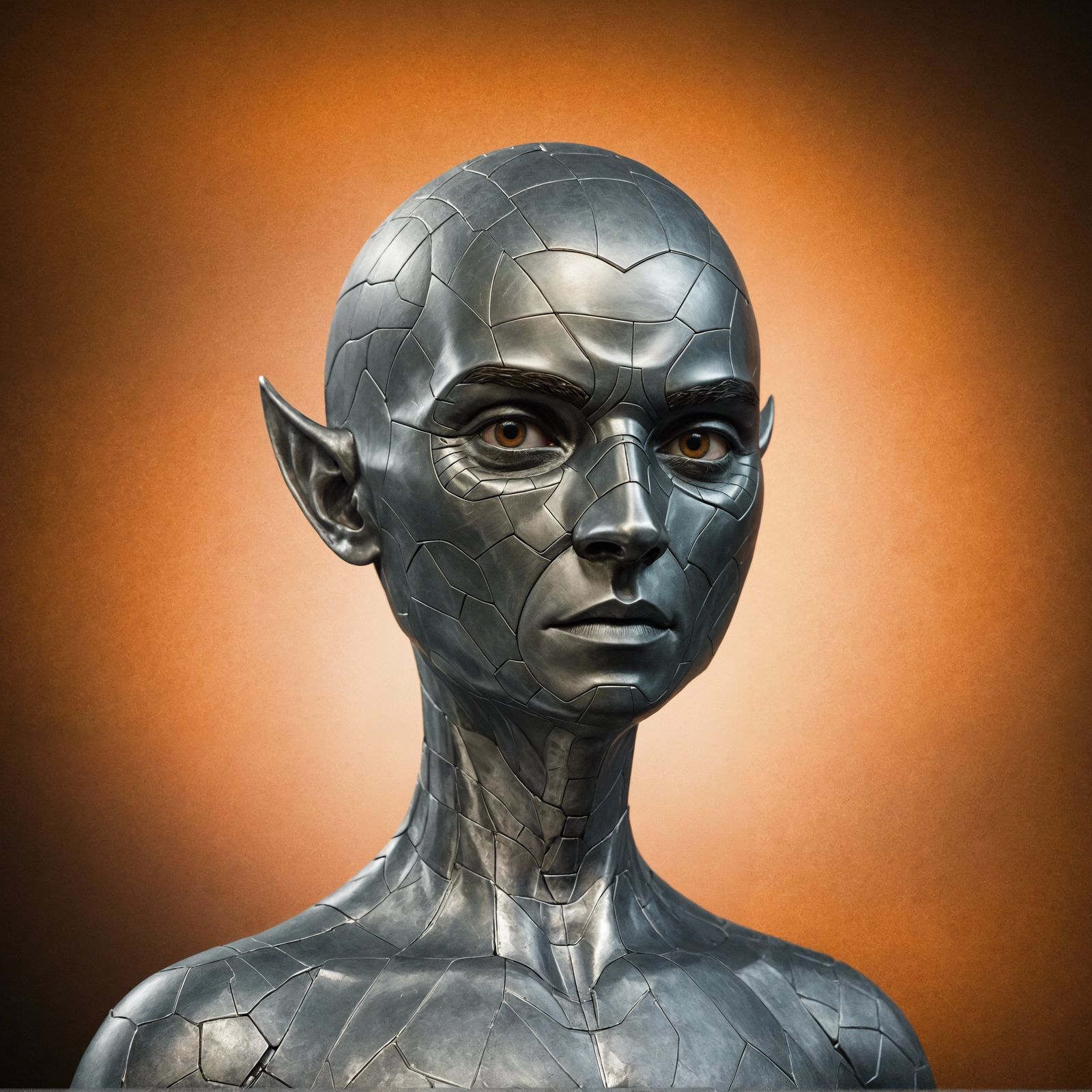 A man whose skin is made of a smooth textured metal. He has ...